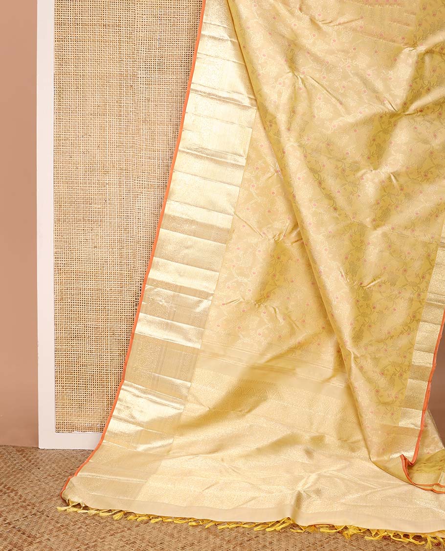 Yellow jacquard Kanchipuram silk saree, zari border of thilakam, kuyil kann, and arumbu manga designs, and geometric patterned pallu - Image 3