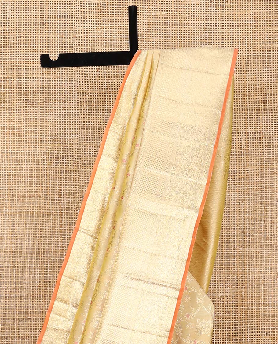 Yellow jacquard Kanchipuram silk saree, zari border of thilakam, kuyil kann, and arumbu manga designs, and geometric patterned pallu - Image 4