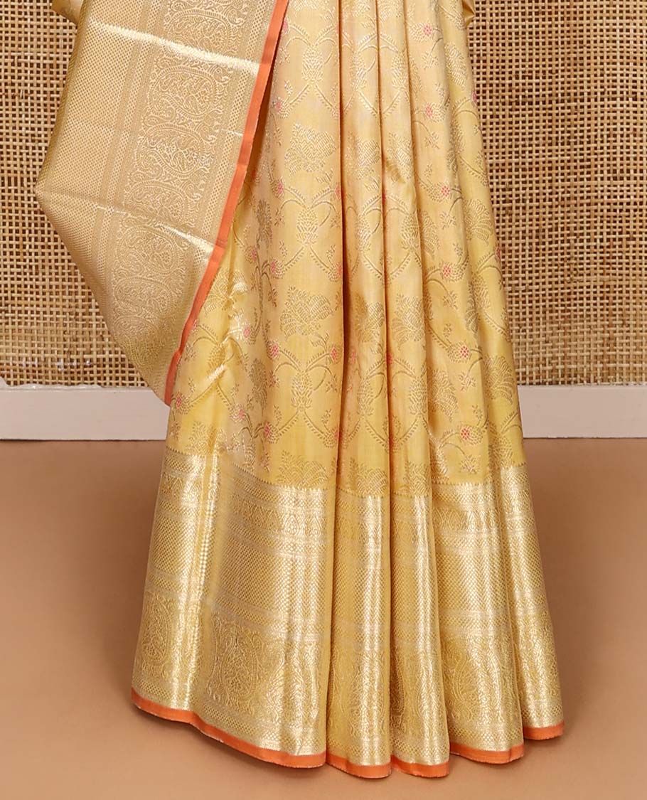 Yellow jacquard Kanchipuram silk saree, zari border of thilakam, kuyil kann, and arumbu manga designs, and geometric patterned pallu - Image 5