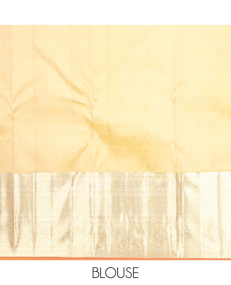 Yellow jacquard Kanchipuram silk saree, zari border of thilakam, kuyil kann, and arumbu manga designs, and geometric patterned pallu - Image 6