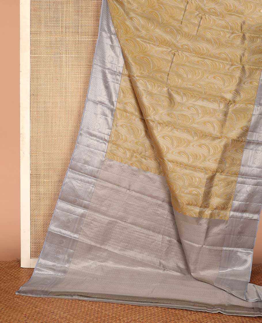 Yellow jacquard Kanchipuram tissue silk saree, contrast border of thilakam mokku, muthu, kathir, puli nagam, and jaal designs, and butta enclosed checks - Image 3