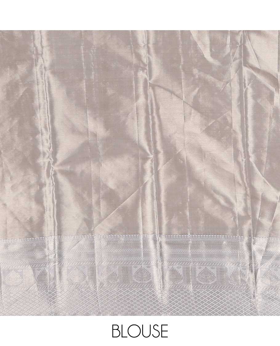 Yellow jacquard Kanchipuram tissue silk saree, contrast border of thilakam mokku, muthu, kathir, puli nagam, and jaal designs, and butta enclosed checks - Image 4