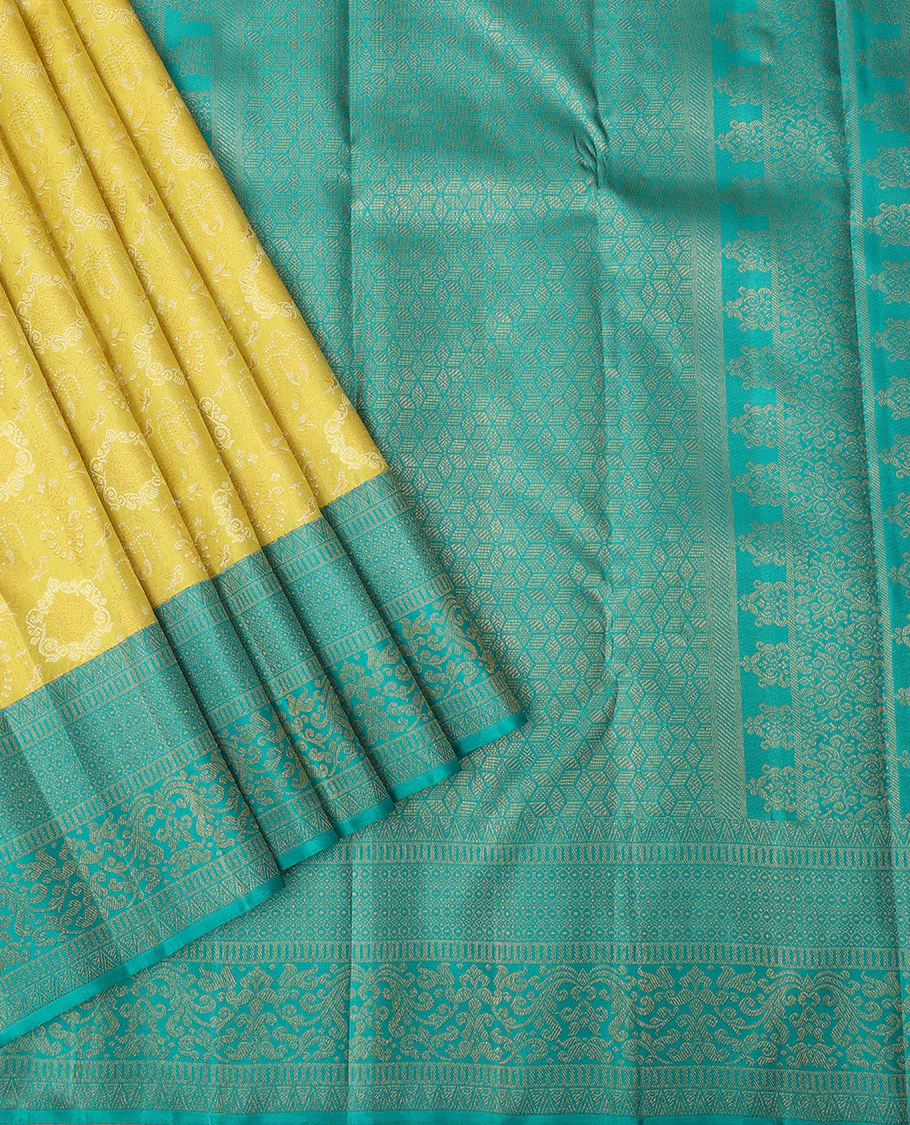 Yellow jacquard Samudrika silk saree, contrast geometric patterned zari border & argyle patterned pallu - Image 2
