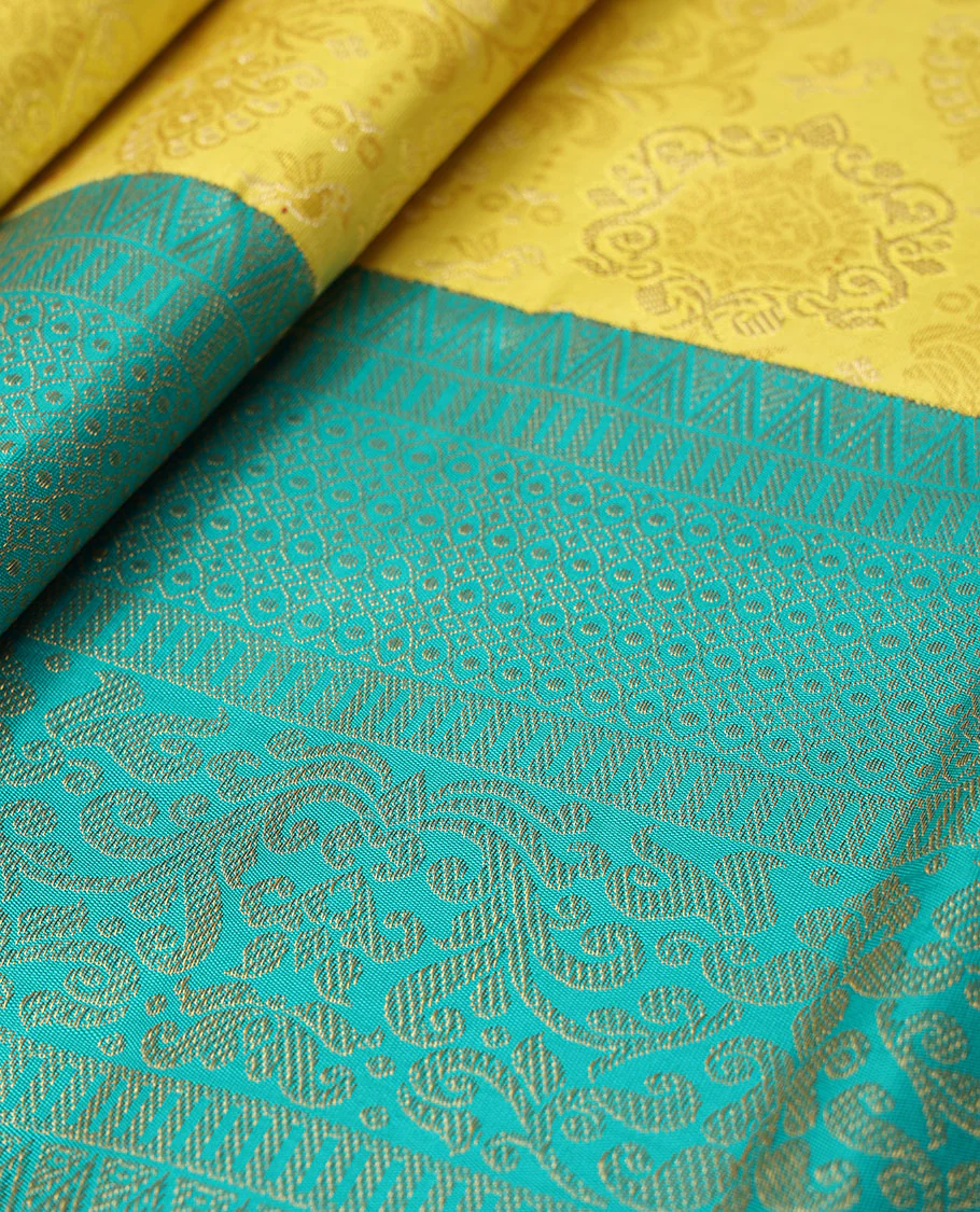 Yellow jacquard Samudrika silk saree, contrast geometric patterned zari border & argyle patterned pallu - Image 6