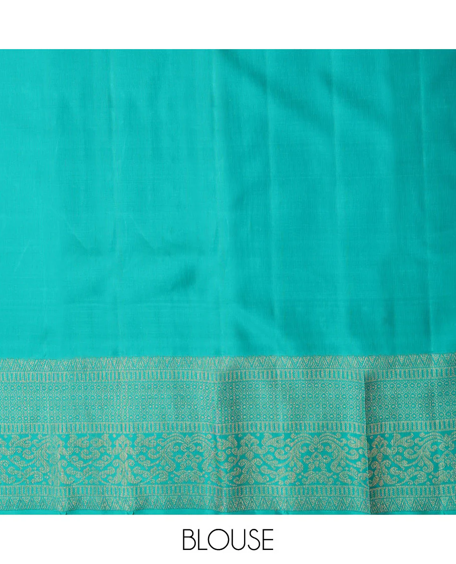 Yellow jacquard Samudrika silk saree, contrast geometric patterned zari border & argyle patterned pallu - Image 7