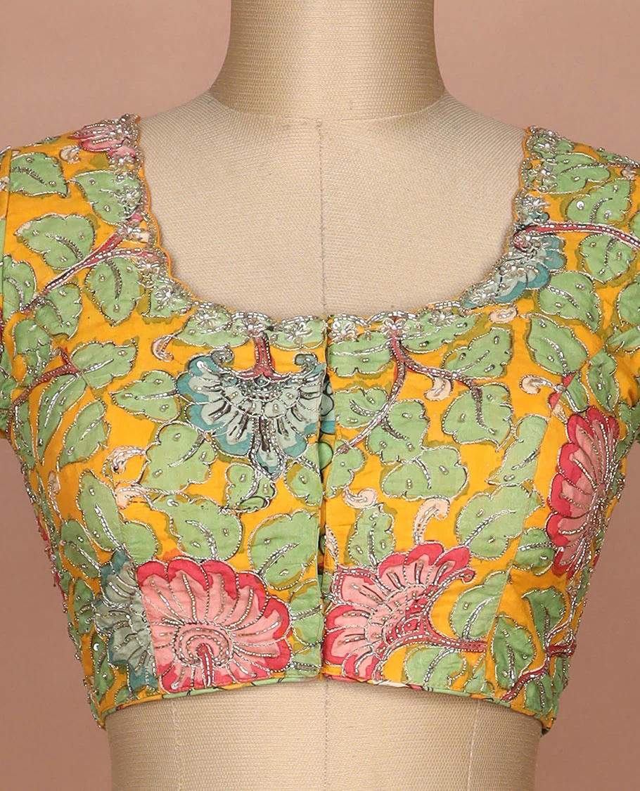 Yellow kalamkari floral vine handbrush painted with mixed embroidered elbow sleeve cotton readymade blouse - Image 3