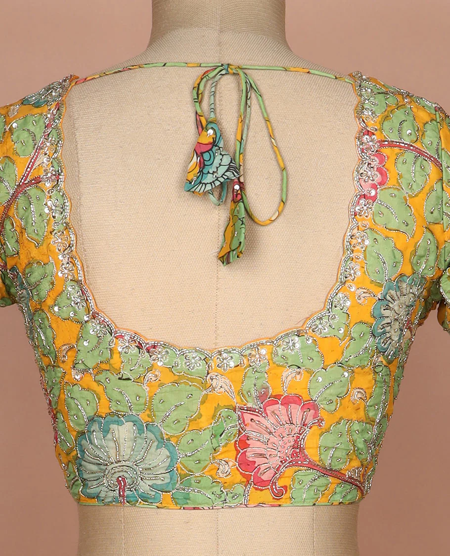 Yellow kalamkari floral vine handbrush painted with mixed embroidered elbow sleeve cotton readymade blouse - Image 4