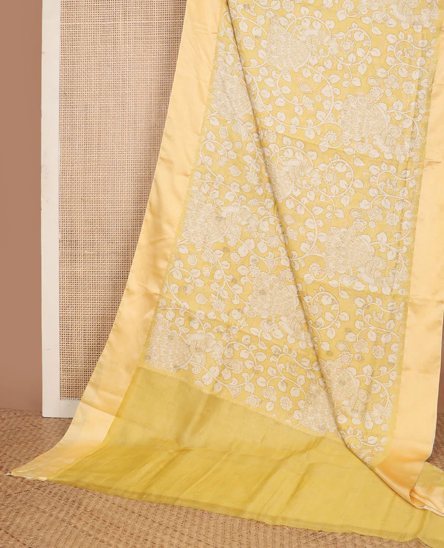 Yellow kalamkari-style floral vine & peacock printed tussar saree with zari buttas, plain border & plain pallu - Image 3