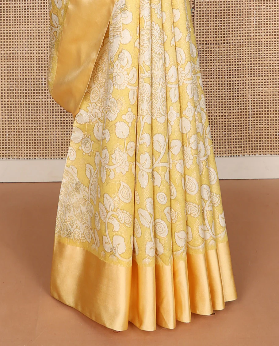 Yellow kalamkari-style floral vine & peacock printed tussar saree with zari buttas, plain border & plain pallu - Image 5