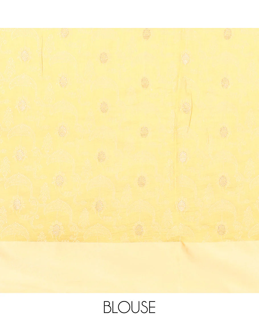 Yellow kalamkari-style floral vine & peacock printed tussar saree with zari buttas, plain border & plain pallu - Image 6