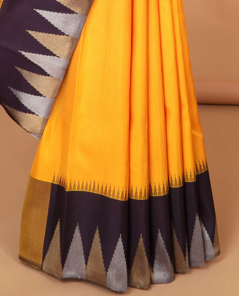 Yellow plain kancheepuram silk saree with contrast pillaiyar rekku korvai border, and pallu of pillaiyar mokku designs - Image 5
