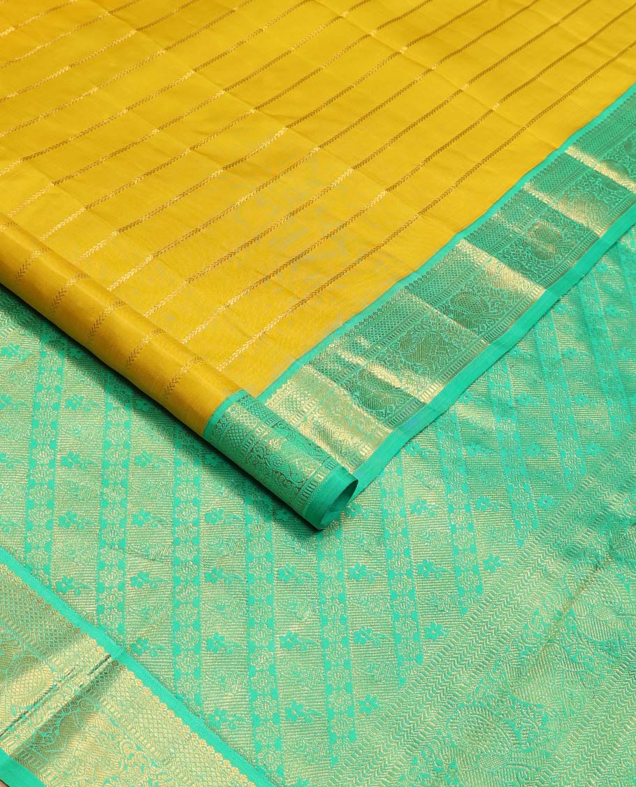 Yellow kathir stripes Kanchipuram korvai silk saree, contrast neer korvai border of thilakam mokku, kuyil kann, muthu, mayil , and yaali designs, and floral design pallu - Image 2