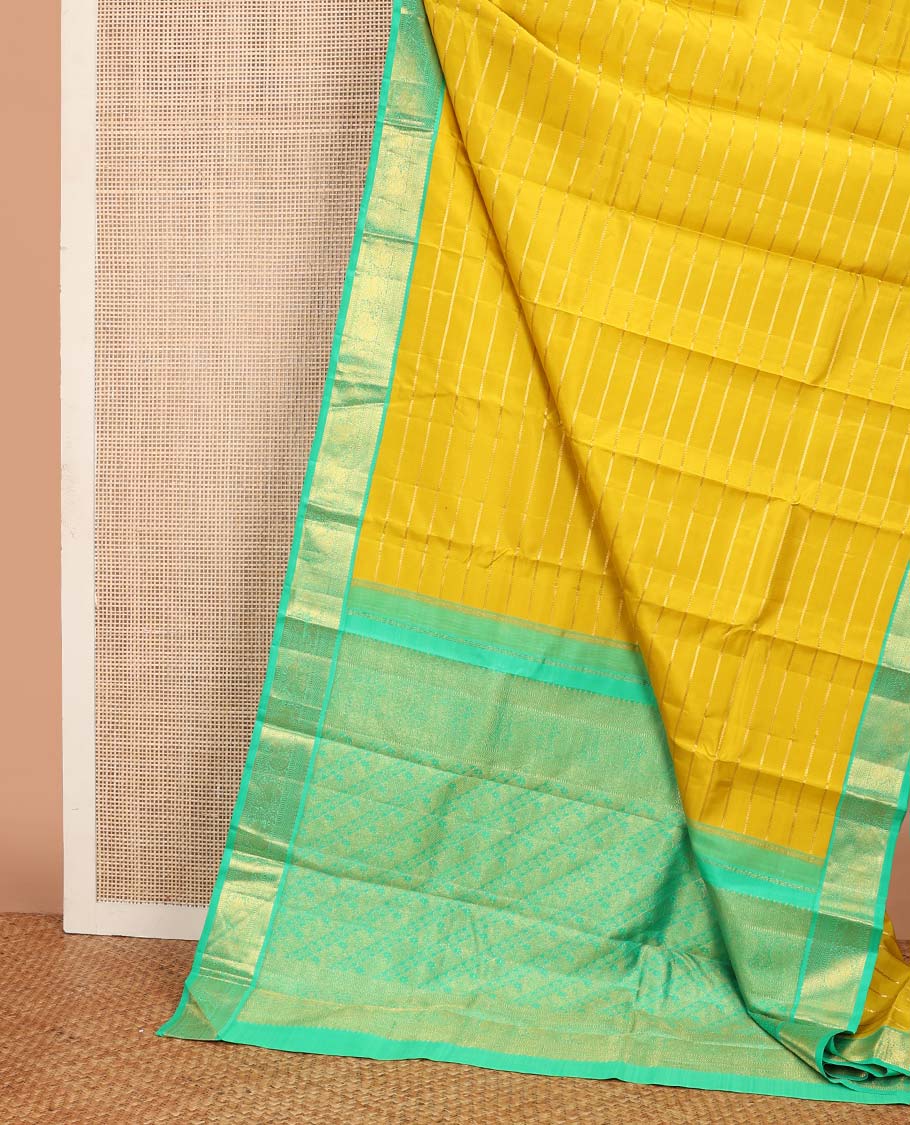 Yellow kathir stripes Kanchipuram korvai silk saree, contrast neer korvai border of thilakam mokku, kuyil kann, muthu, mayil , and yaali designs, and floral design pallu - Image 3