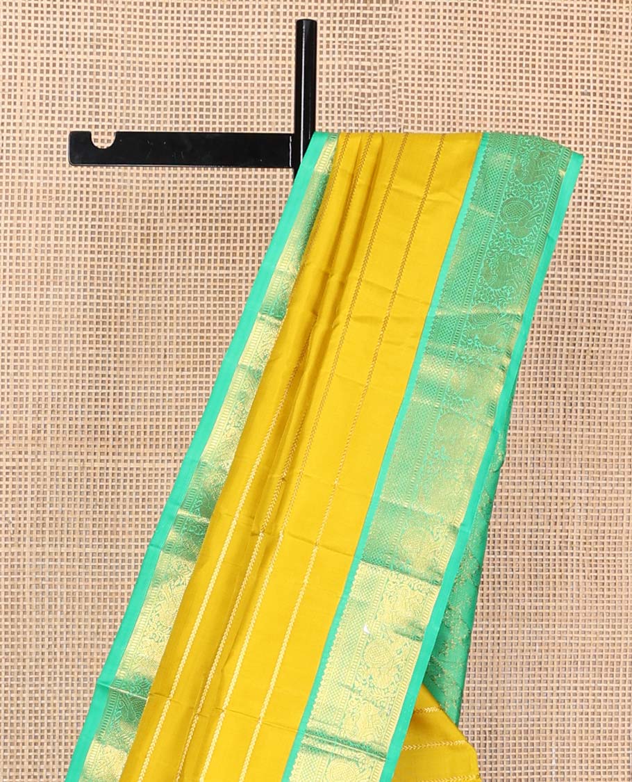 Yellow kathir stripes Kanchipuram korvai silk saree, contrast neer korvai border of thilakam mokku, kuyil kann, muthu, mayil , and yaali designs, and floral design pallu - Image 4
