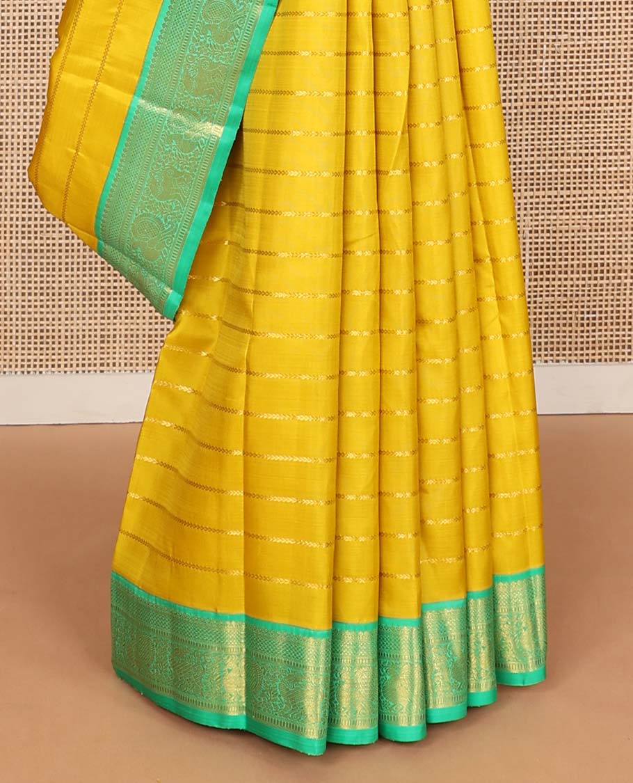 Yellow kathir stripes Kanchipuram korvai silk saree, contrast neer korvai border of thilakam mokku, kuyil kann, muthu, mayil , and yaali designs, and floral design pallu - Image 5