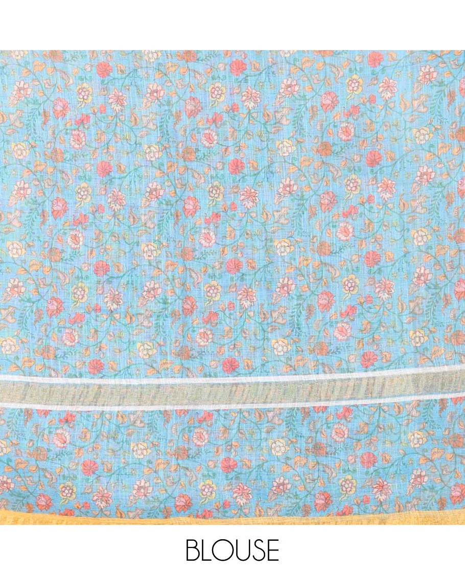 Yellow Linen Saree Detailed with Leaf Motifs All Over Its Body, Complemented by a Contrast Floral Vine Printed Border, Pallu Mirrors the Floral Vine Print, and Paired with a Contrast Floral Printed Blouse - Image 3