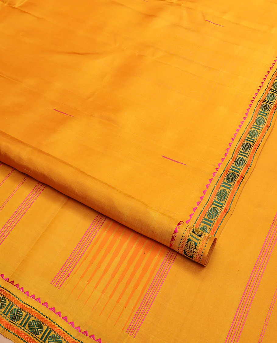 Yellow malli mokku buttas Kanchipuram silk saree, self-border of rekku, muthu, kathir, and rudraksham motifs, and  seppu rekku pallu - Image 2