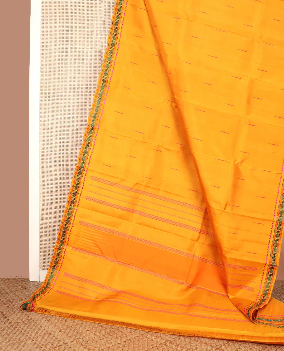 Yellow malli mokku buttas Kanchipuram silk saree, self-border of rekku, muthu, kathir, and rudraksham motifs, and  seppu rekku pallu - Image 3