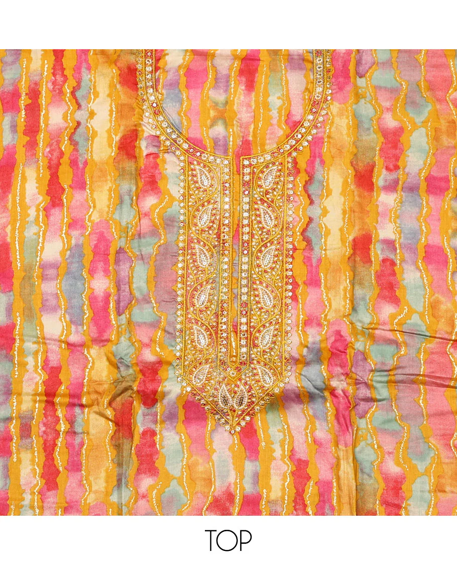 Yellow material chudidar set, abstract printed with neck embroidered top, plain bottom, and contrast embroidered motifs dupatta - Image 2