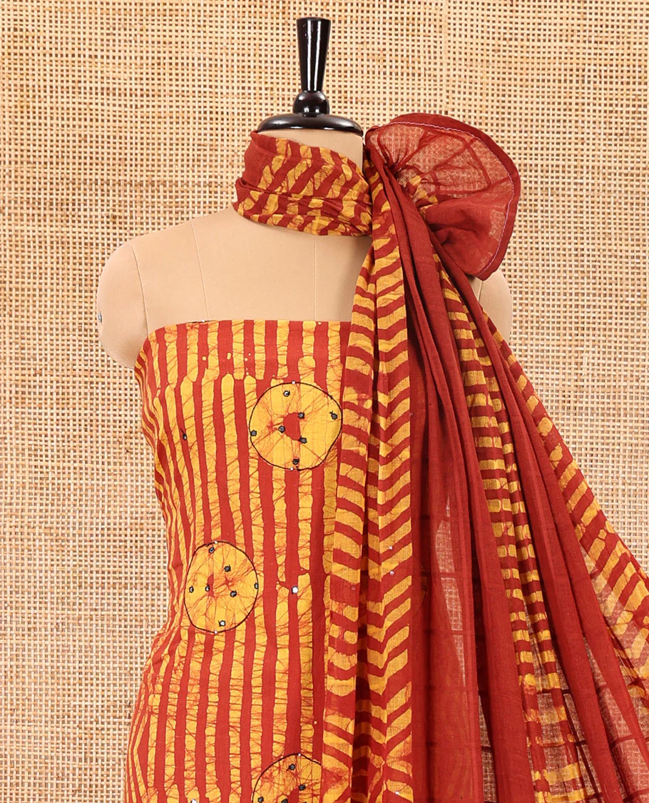 Yellow material chudidar set, batik print, mirror work and kantha work cotton top, cotton bottom, and batik printed dupatta - Image 3