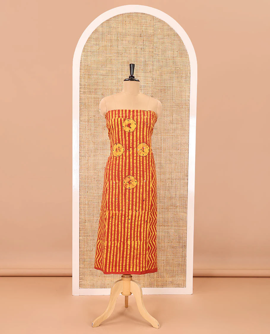 Yellow material chudidar set, batik print, mirror work and kantha work cotton top, cotton bottom, and batik printed dupatta - Image 4