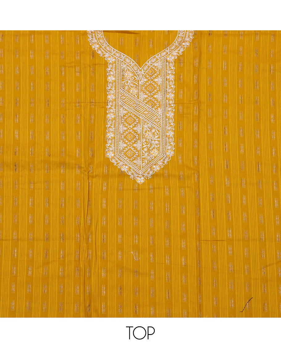 Yellow material chudidar set, buttas with neck embroidered top, contrast plain bottom, and thread and sequins embroidered dupatta - Image 2