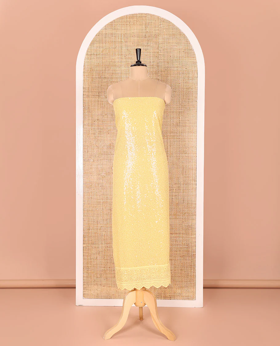 Yellow Material Chudidar Set Features Sequin Embroidered Georgette Top, a Plain American Crepe Bottom, and a Scallop Dupatta Embellished with Floral Vine Embroidery - Image 4