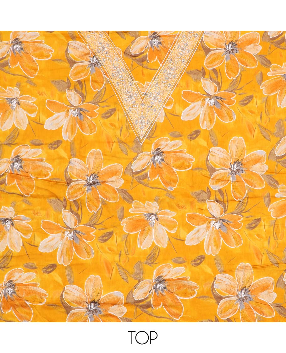 Yellow material chudidar set, floral printed with V-neck mixed embroidered top, plain bottom and plain dupatta - Image 2