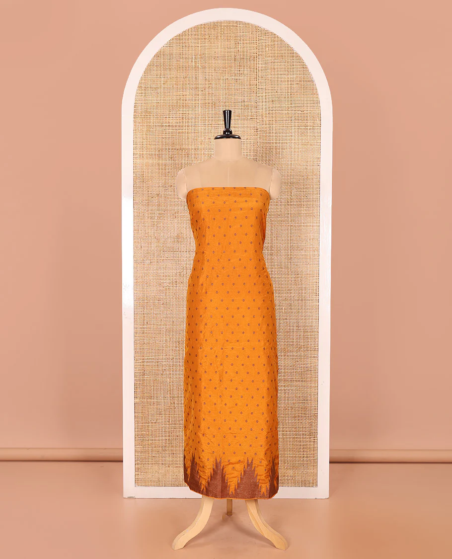 Yellow Material Chudidar Set Graced with 1000 Zari Buttas Woven Banaras Top, Subtly Made Plain Santoon Bottom, and a Banarasi Dupatta Featuring Zari Buttas and Temple Buttas - Image 3