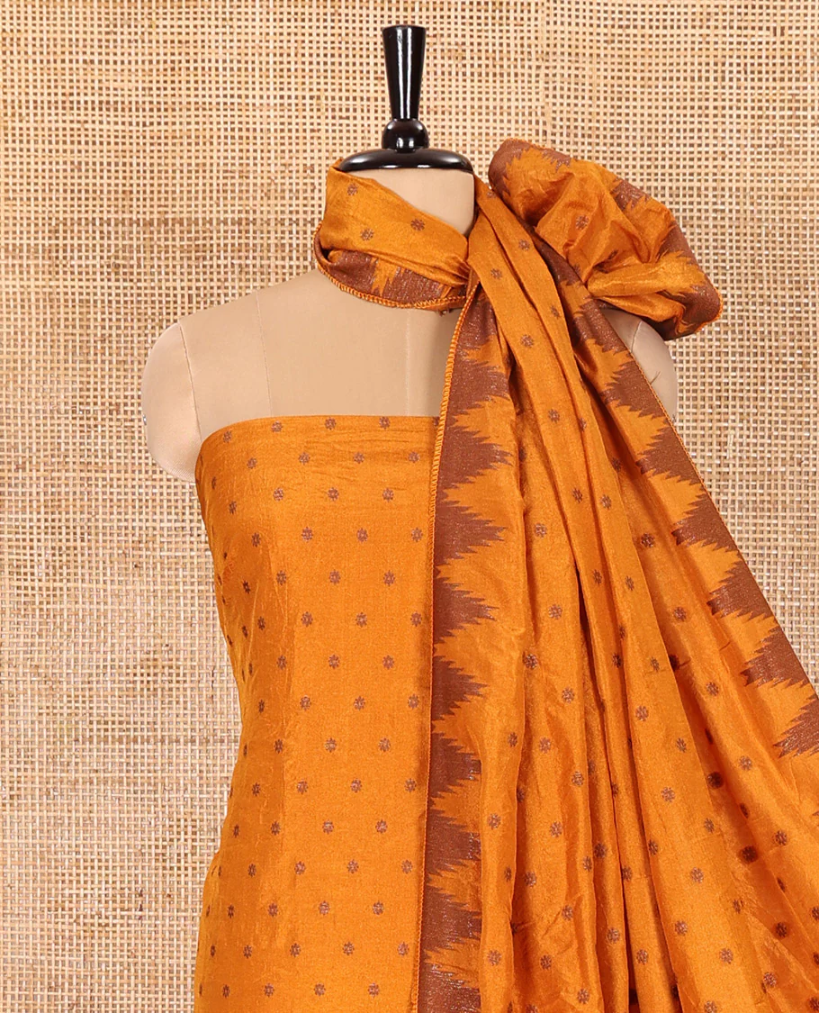 Yellow Material Chudidar Set Graced with 1000 Zari Buttas Woven Banaras Top, Subtly Made Plain Santoon Bottom, and a Banarasi Dupatta Featuring Zari Buttas and Temple Buttas - Image 4