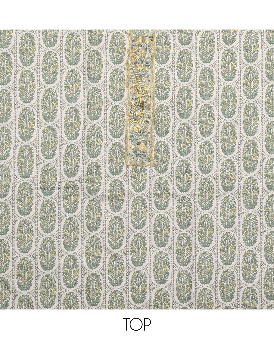 Yellow material chudidar set, intricately printed with neck work top, plain bottom, and floral motifs embroidered dupatta - Image 2
