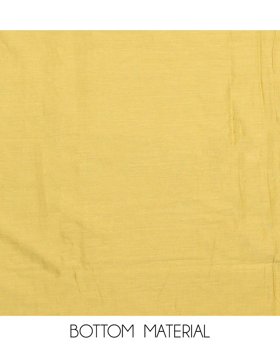 Yellow material chudidar set, intricately printed with neck work top, plain bottom, and floral motifs embroidered dupatta - Image 3