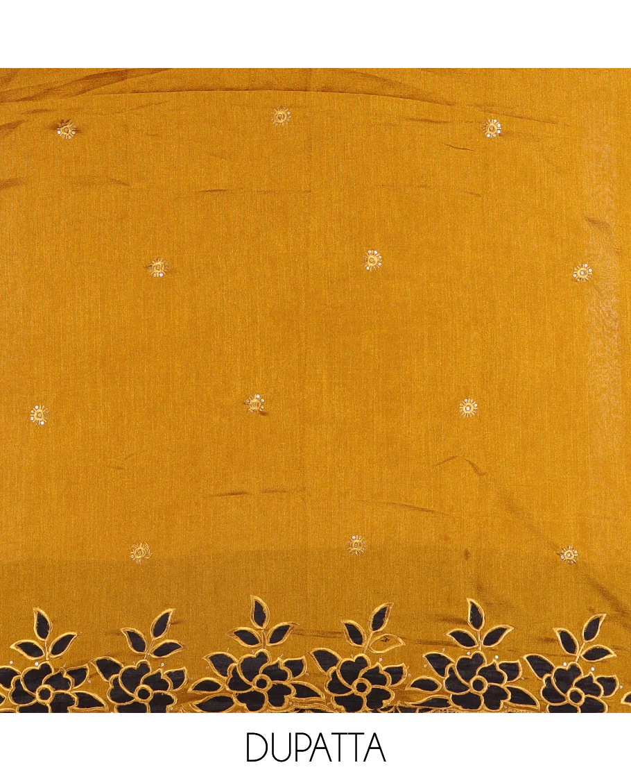 Yellow material chudidar set, sequins work with floral Aplic embroidered Vichitra silk top, matching bottom, and an embroidered dupatta - Image 2