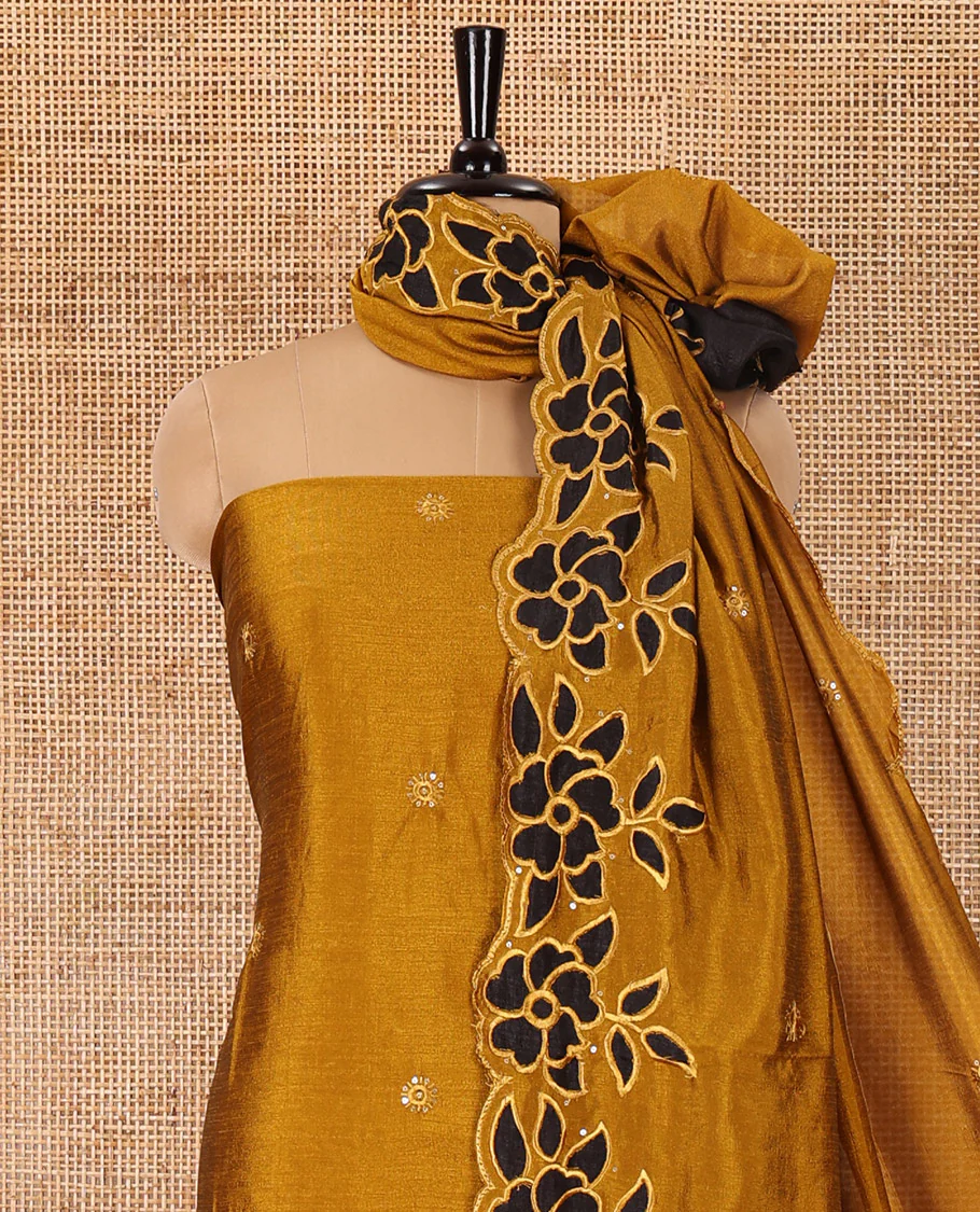 Yellow material chudidar set, sequins work with floral Aplic embroidered Vichitra silk top, matching bottom, and an embroidered dupatta - Image 3