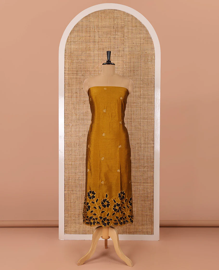 Yellow material chudidar set, sequins work with floral Aplic embroidered Vichitra silk top, matching bottom, and an embroidered dupatta - Image 4