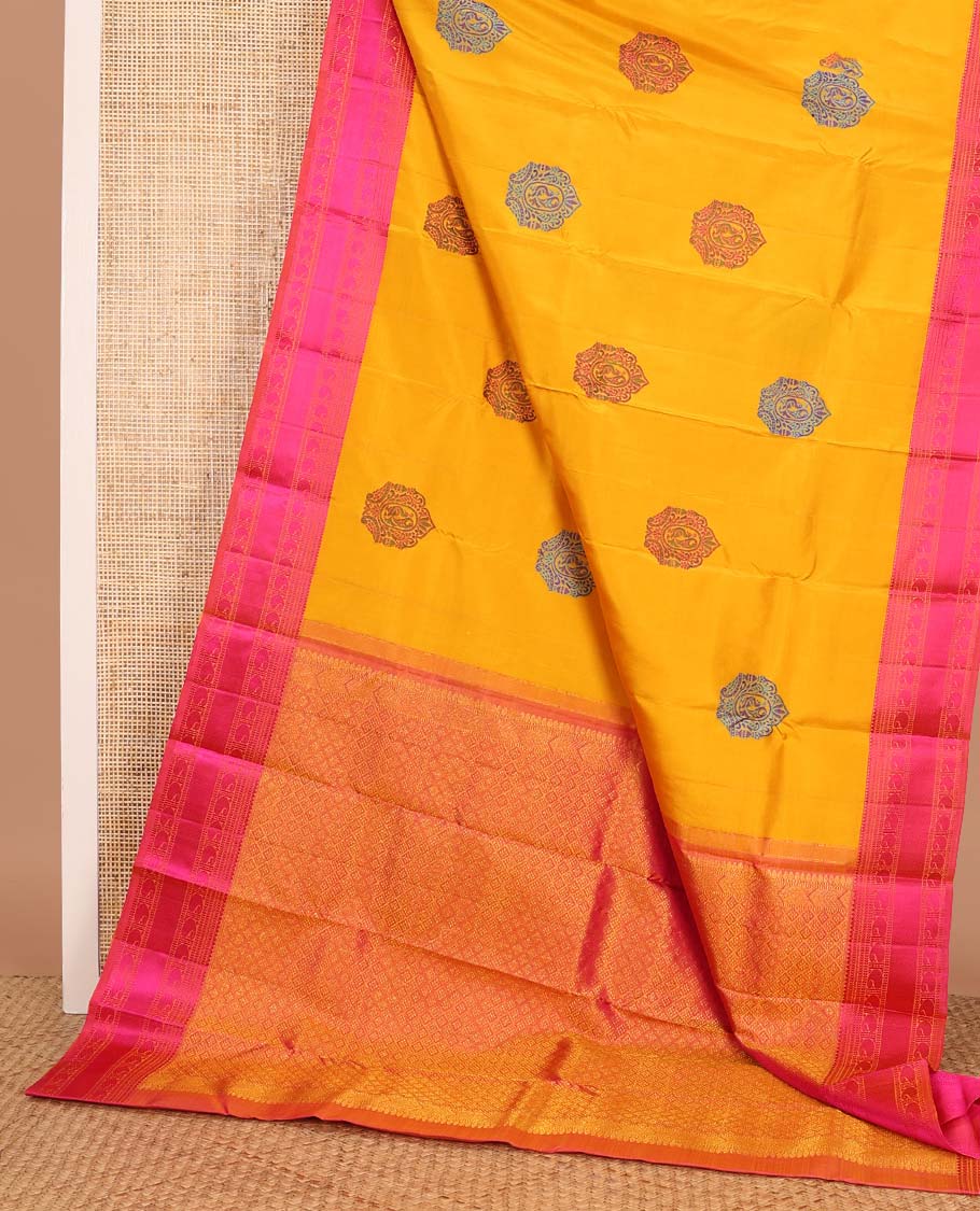 Yellow mayil buttas Kanchipuram silk saree, contrast border of thilakam, muthu, neli, and manga designs, and jaal pallu - Image 3