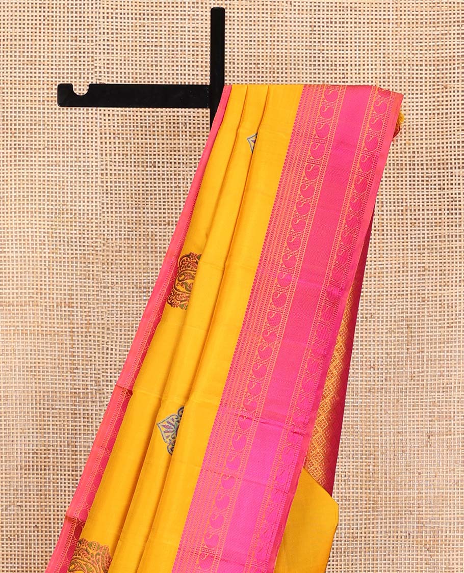 Yellow mayil buttas Kanchipuram silk saree, contrast border of thilakam, muthu, neli, and manga designs, and jaal pallu - Image 4