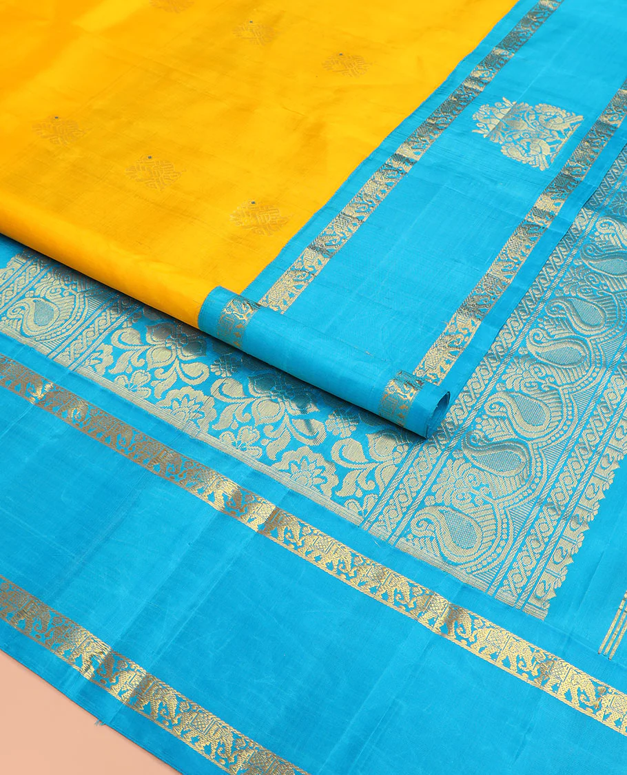 Yellow mayil buttas Kanchipuram silk saree, contrast border of yaanai, and mayil designs, and pallu of floral designs - Image 2