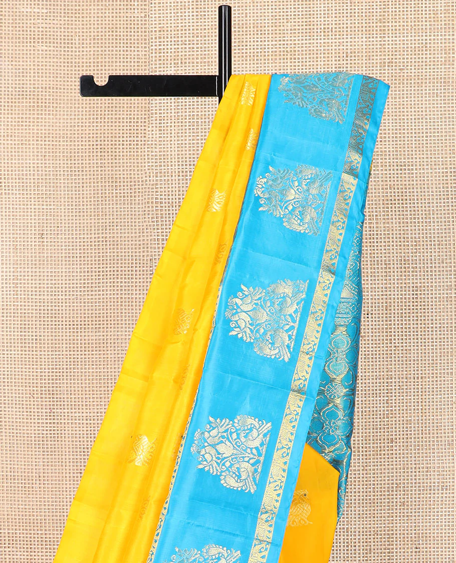 Yellow mayil buttas Kanchipuram silk saree, contrast border of yaanai, and mayil designs, and pallu of floral designs - Image 3