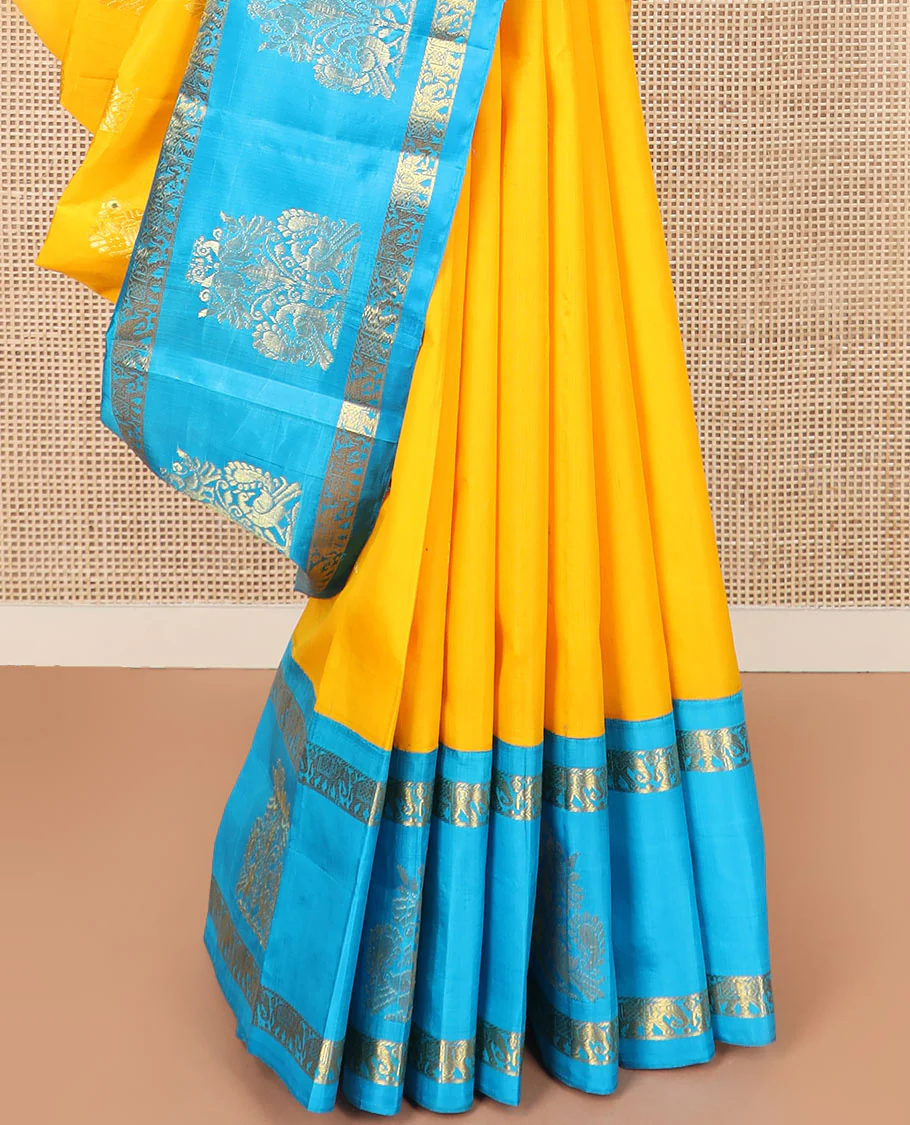 Yellow mayil buttas Kanchipuram silk saree, contrast border of yaanai, and mayil designs, and pallu of floral designs - Image 4