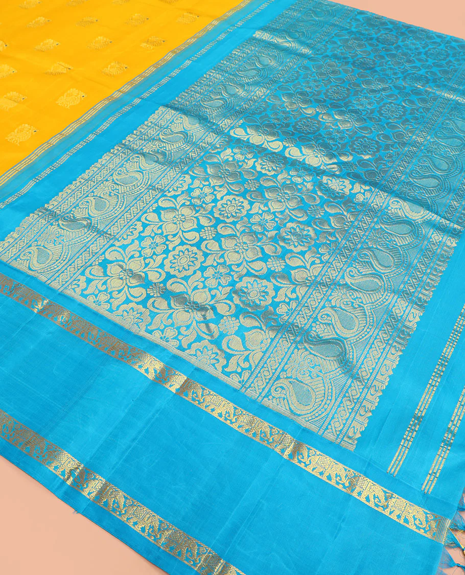 Yellow mayil buttas Kanchipuram silk saree, contrast border of yaanai, and mayil designs, and pallu of floral designs - Image 5