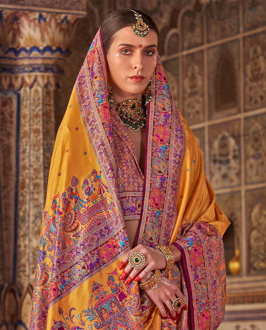 Yellow meena buttas designer catalog saree, contrast meenakari border of human and elephant motifs, and wedding theme meenakari pallu - Image 2