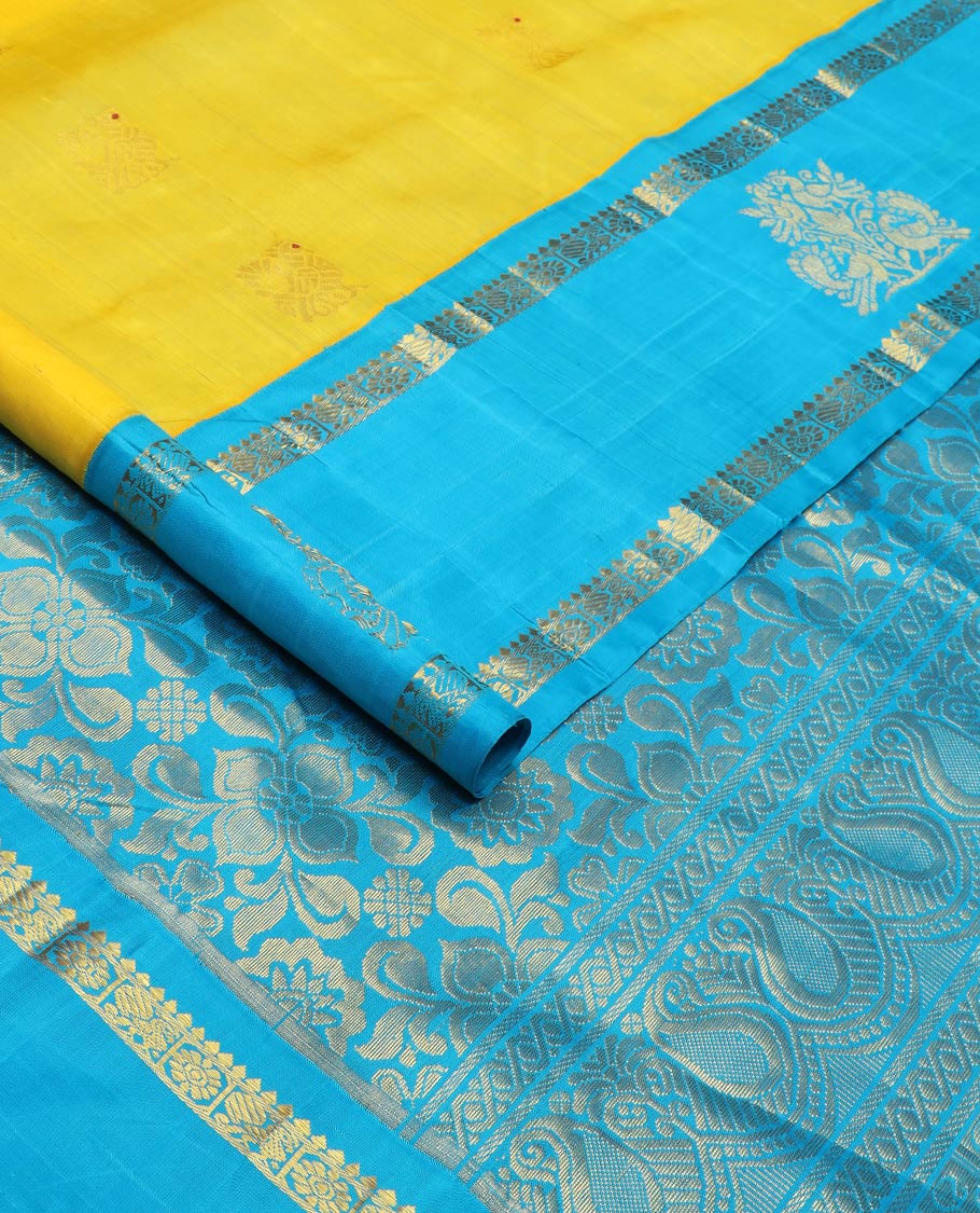 Yellow meena mayil buttas silk saree, contrast korvai one-sided border of thilakam,annam chakram & mayil designs & floral design pallu - Image 2