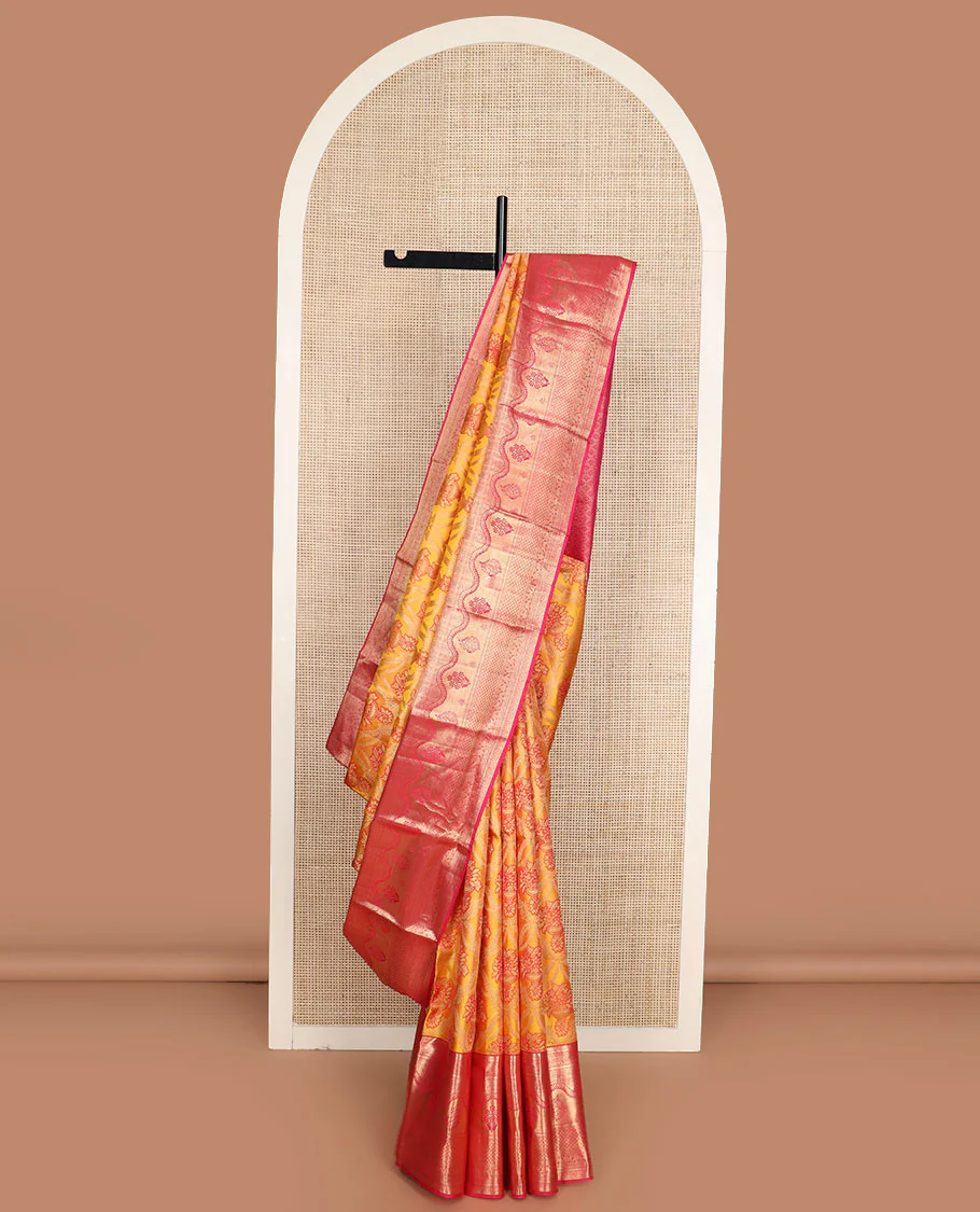 Yellow meenakari jacquard Kanchipuram wedding silk saree, contrast traditional zari design border, and zari-rich jaal pallu