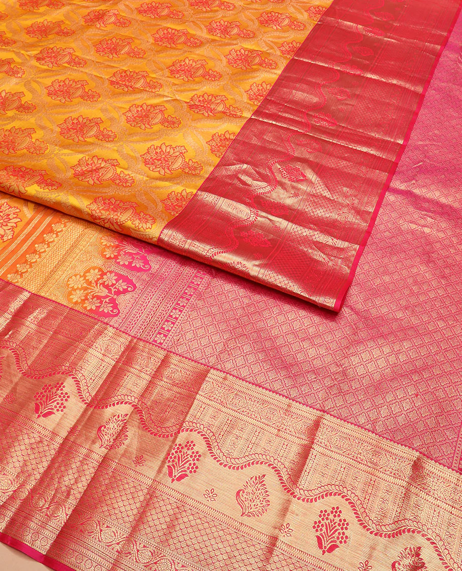 Yellow meenakari jacquard Kanchipuram wedding silk saree, contrast traditional zari design border, and zari-rich jaal pallu - Image 2