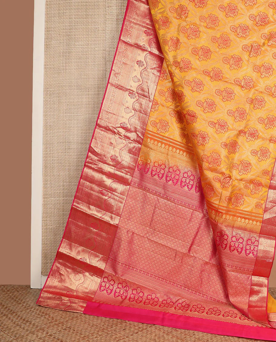 Yellow meenakari jacquard Kanchipuram wedding silk saree, contrast traditional zari design border, and zari-rich jaal pallu - Image 3