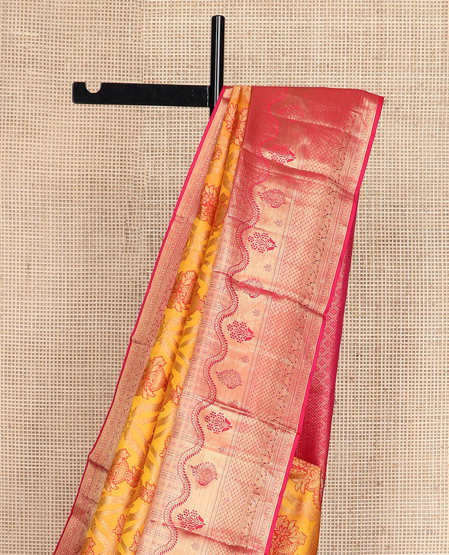 Yellow meenakari jacquard Kanchipuram wedding silk saree, contrast traditional zari design border, and zari-rich jaal pallu - Image 4