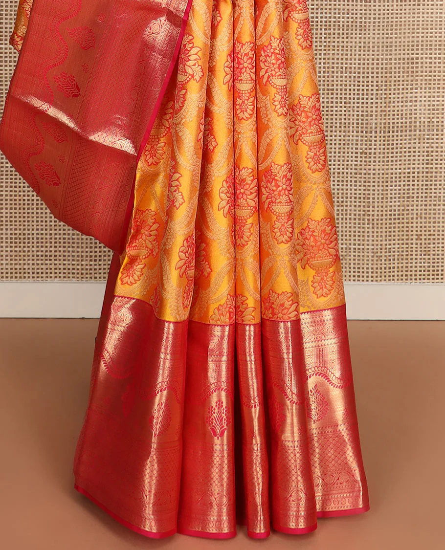 Yellow meenakari jacquard Kanchipuram wedding silk saree, contrast traditional zari design border, and zari-rich jaal pallu - Image 5