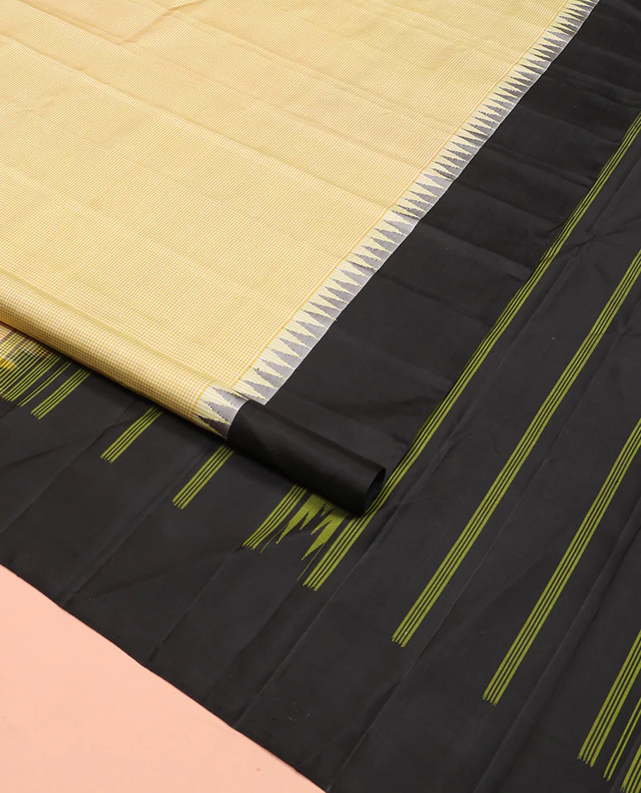 Yellow micro-checked Kanchipuram silk saree, contrast thazampoo rekku border, and striped pallu - Image 2