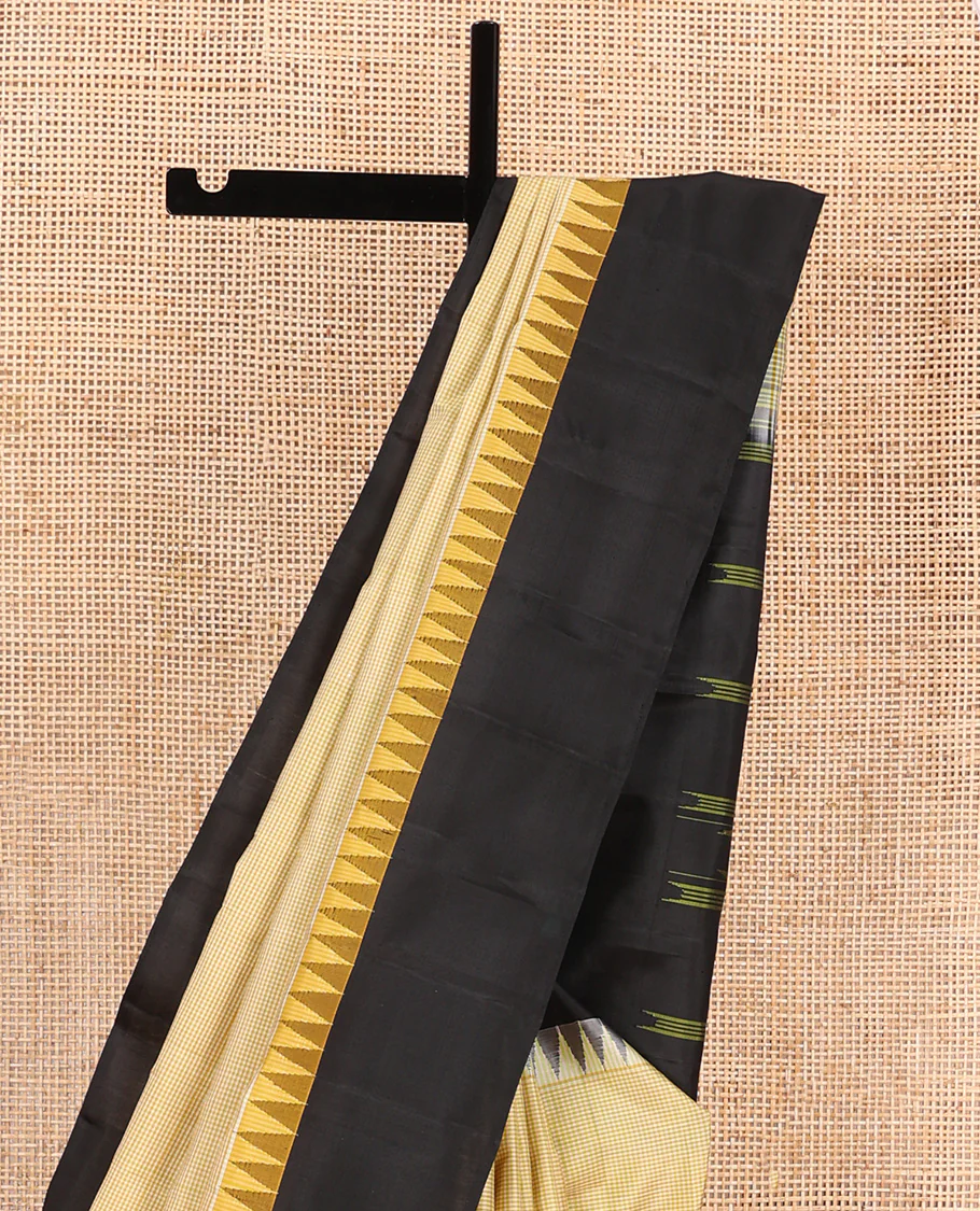 Yellow micro-checked Kanchipuram silk saree, contrast thazampoo rekku border, and striped pallu - Image 3